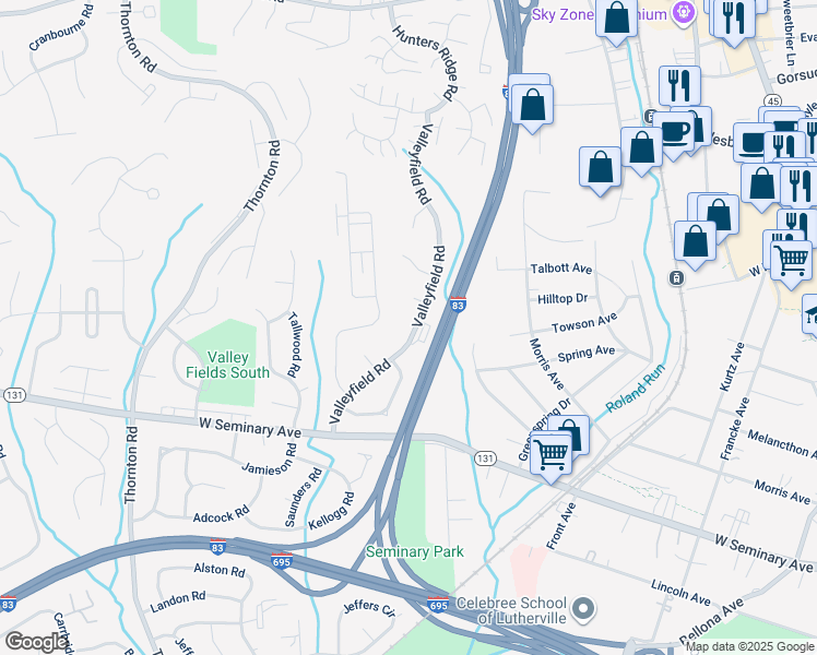 map of restaurants, bars, coffee shops, grocery stores, and more near 8612 Valleyfield Road in Lutherville-Timonium