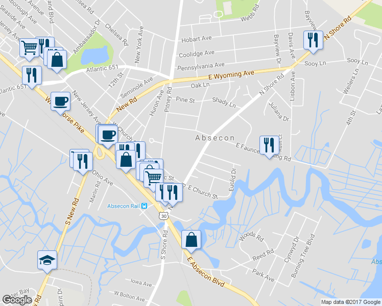 map of restaurants, bars, coffee shops, grocery stores, and more near 137 North Shore Road in Absecon