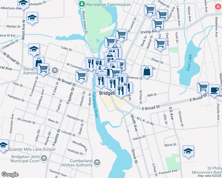map of restaurants, bars, coffee shops, grocery stores, and more near in Bridgeton