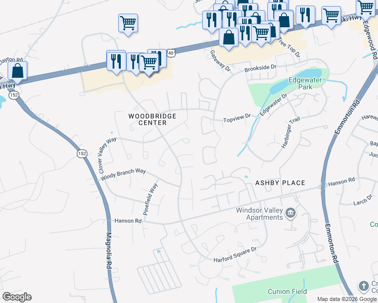 map of restaurants, bars, coffee shops, grocery stores, and more near 1318 Acorn Ridge Court in Edgewood