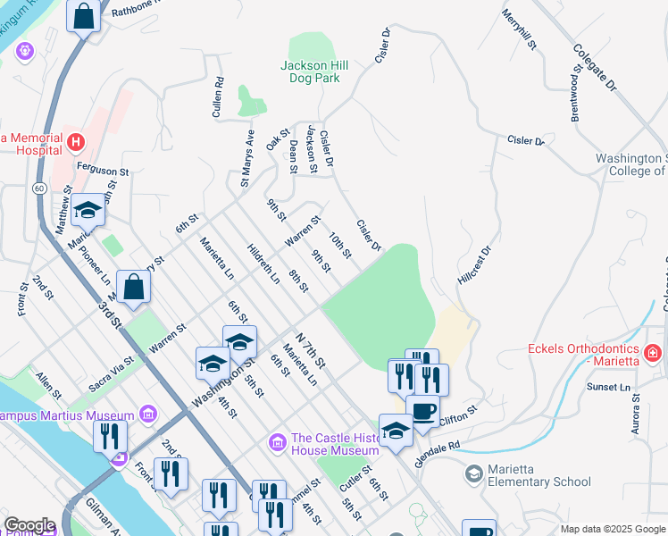 map of restaurants, bars, coffee shops, grocery stores, and more near 913 1/2 Washington Street in Marietta