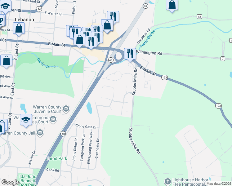 map of restaurants, bars, coffee shops, grocery stores, and more near 483 Lookout Ridge Drive in Lebanon