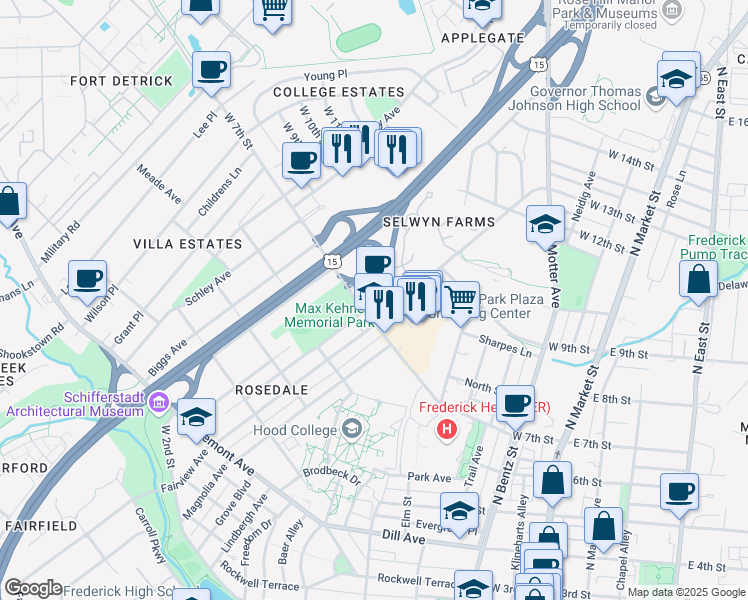 map of restaurants, bars, coffee shops, grocery stores, and more near 1001 West 7th Street in Frederick