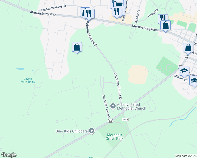 map of restaurants, bars, coffee shops, grocery stores, and more near 87 Swearingen Way in Shepherdstown