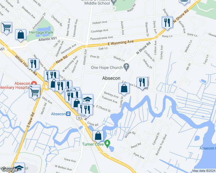 map of restaurants, bars, coffee shops, grocery stores, and more near 16 Natalie Terrace in Absecon