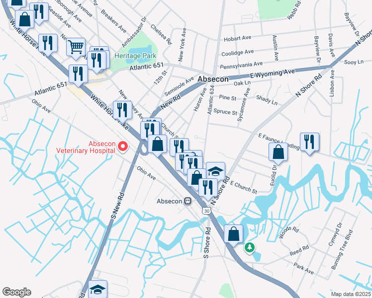 map of restaurants, bars, coffee shops, grocery stores, and more near 207 W Church St in Absecon