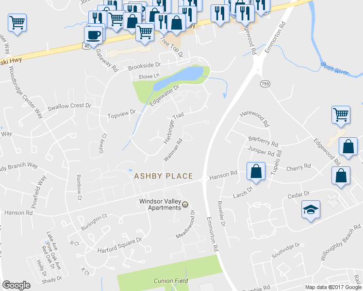 map of restaurants, bars, coffee shops, grocery stores, and more near 1737 Waltman Road in Edgewood