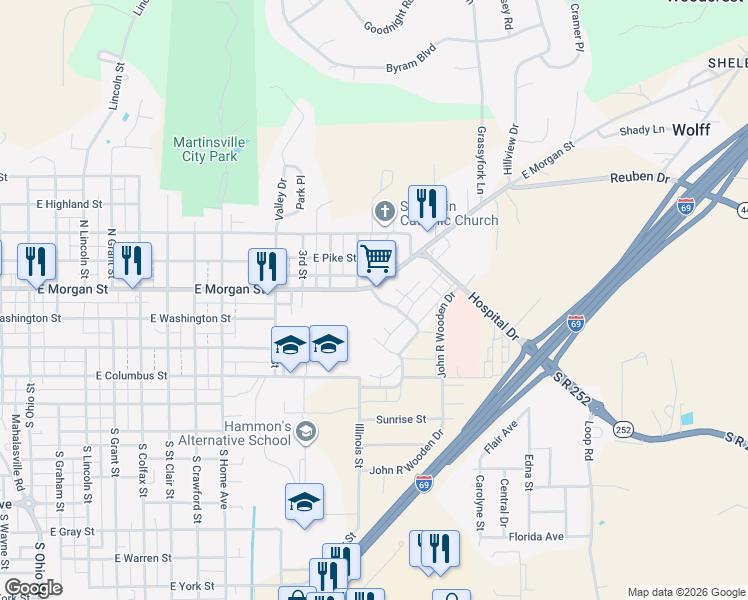 map of restaurants, bars, coffee shops, grocery stores, and more near 1611 E Morgan St in Martinsville