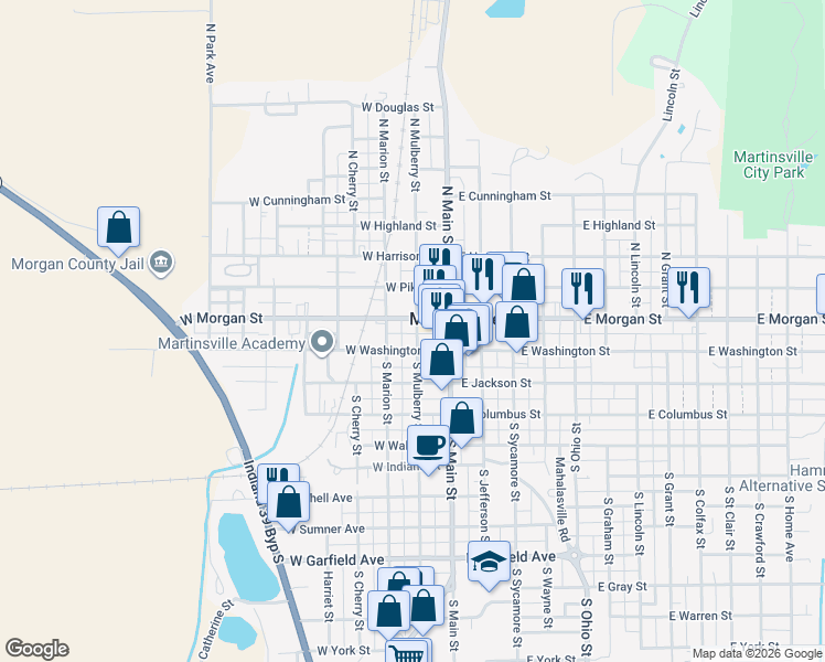 map of restaurants, bars, coffee shops, grocery stores, and more near 60 North Mulberry Street in Martinsville