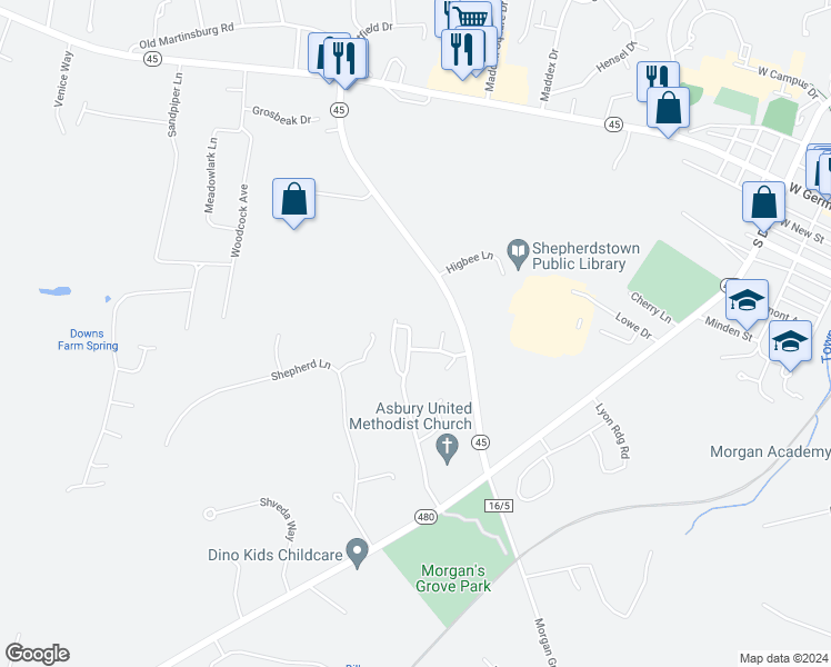 map of restaurants, bars, coffee shops, grocery stores, and more near 384 Starkey's Landing in Shepherdstown