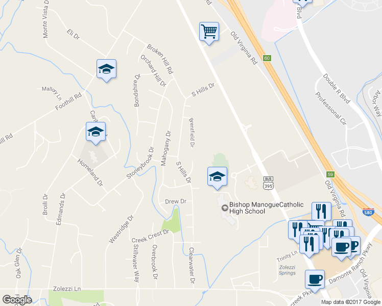 map of restaurants, bars, coffee shops, grocery stores, and more near 12310 Brentfield Drive in Reno