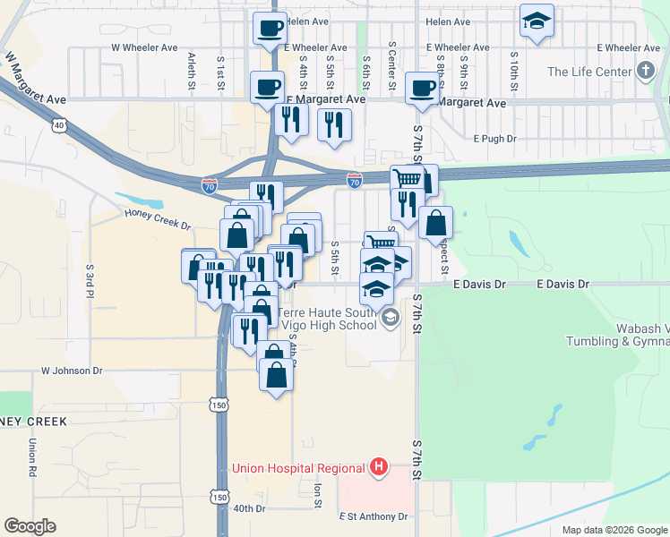 map of restaurants, bars, coffee shops, grocery stores, and more near 3499 S 5th St in Terre Haute