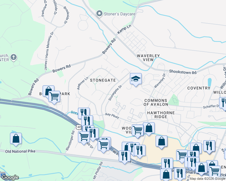 map of restaurants, bars, coffee shops, grocery stores, and more near 155 Stonegate Drive in Frederick