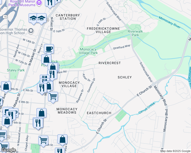 map of restaurants, bars, coffee shops, grocery stores, and more near 840 Geronimo Drive in Frederick