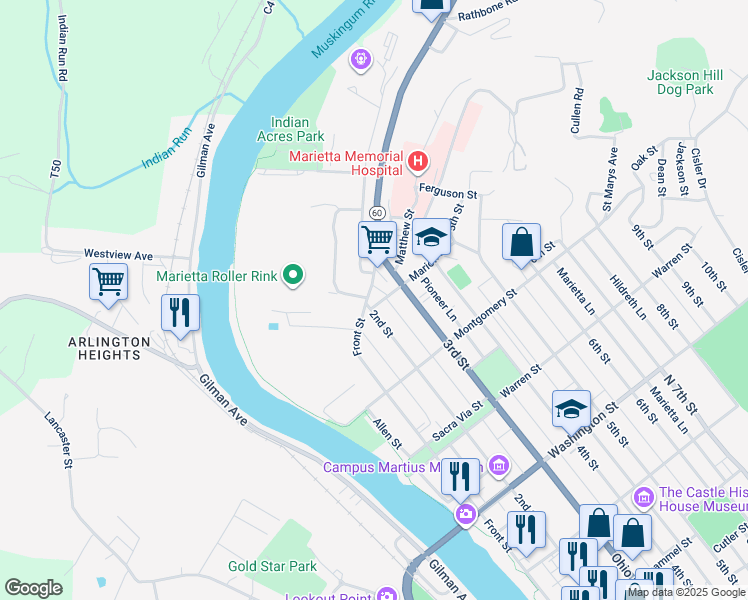 map of restaurants, bars, coffee shops, grocery stores, and more near 900 Front St in Marietta