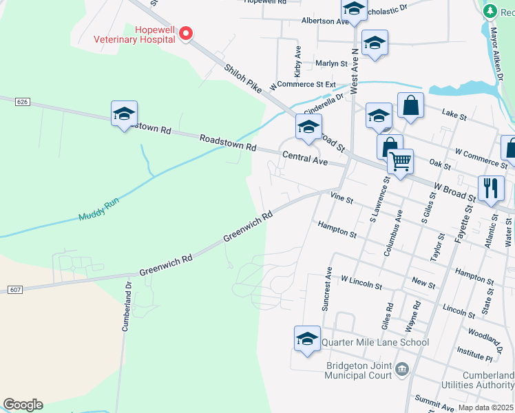 map of restaurants, bars, coffee shops, grocery stores, and more near 335 Greenwich Road in Bridgeton