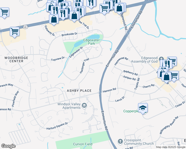 map of restaurants, bars, coffee shops, grocery stores, and more near 710 Cardiff Circle in Edgewood