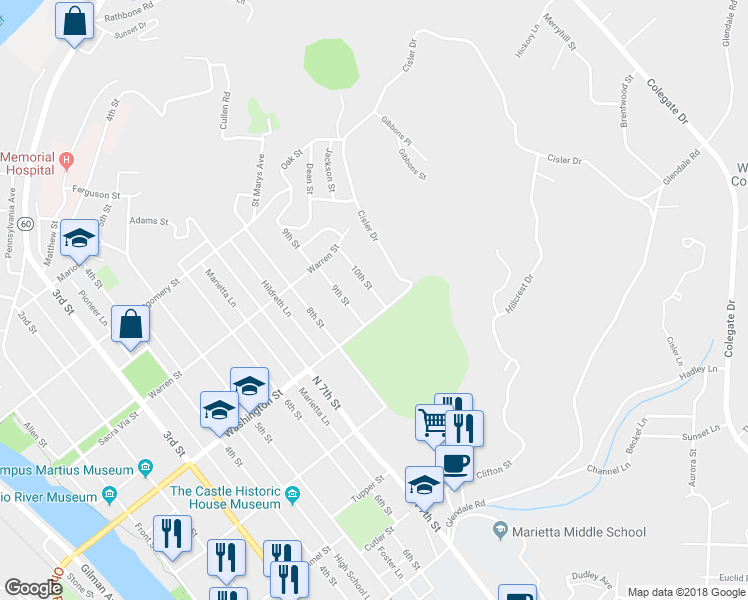 map of restaurants, bars, coffee shops, grocery stores, and more near 913 1/2 Washington Street in Marietta