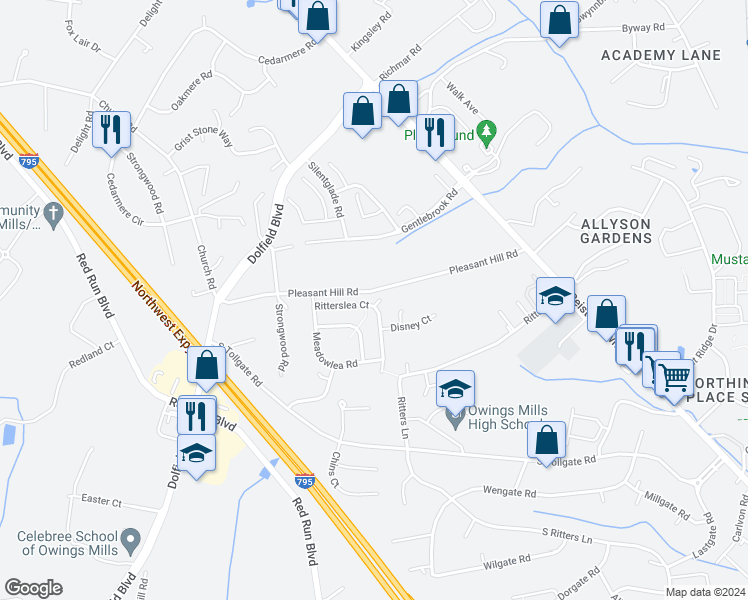 map of restaurants, bars, coffee shops, grocery stores, and more near 228 Ritterslea Court in Owings Mills