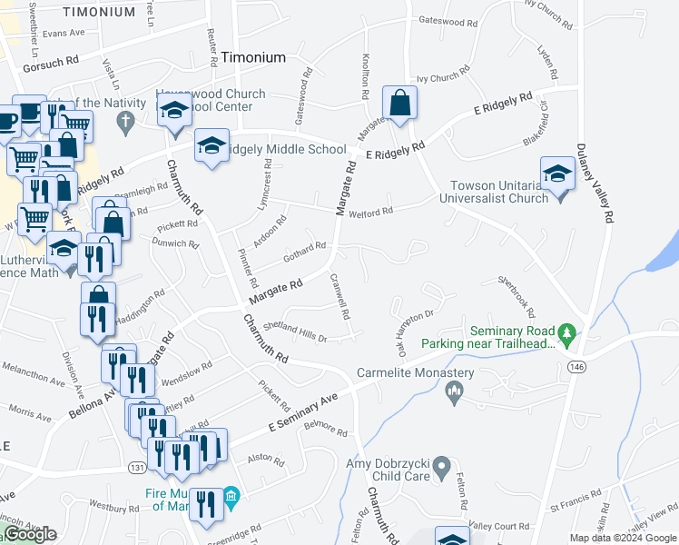 map of restaurants, bars, coffee shops, grocery stores, and more near 1513 Cranwell Road in Lutherville-Timonium
