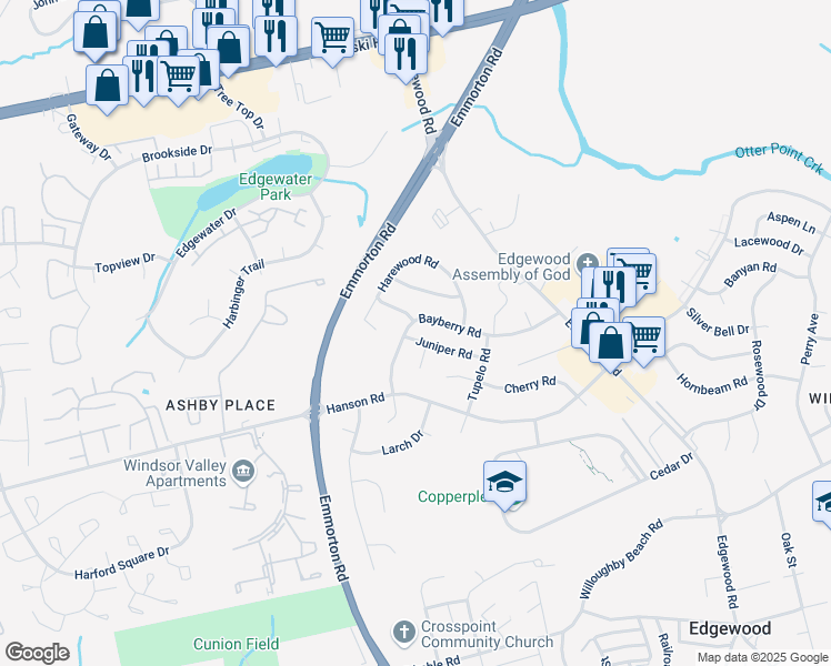 map of restaurants, bars, coffee shops, grocery stores, and more near 1900 Juniper Road in Edgewood