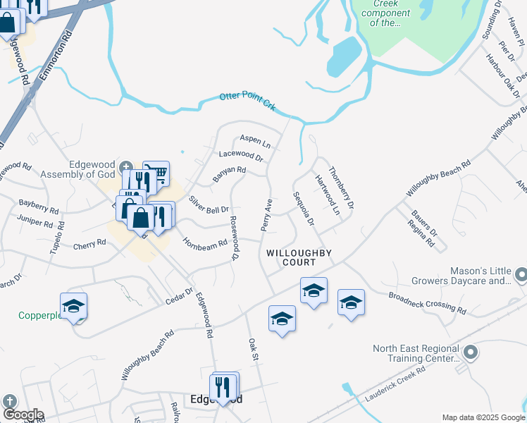 map of restaurants, bars, coffee shops, grocery stores, and more near 2312 Perry Avenue in Edgewood