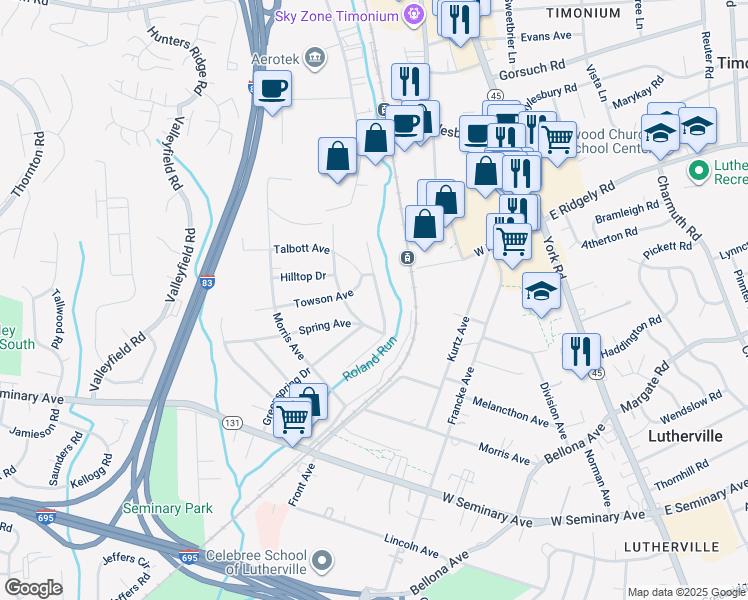 map of restaurants, bars, coffee shops, grocery stores, and more near 1710 Greenspring Drive in Lutherville-Timonium