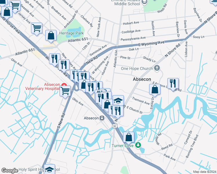 map of restaurants, bars, coffee shops, grocery stores, and more near 125 Pitney Road in Absecon