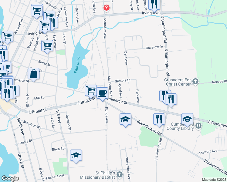 map of restaurants, bars, coffee shops, grocery stores, and more near 23 Manheim Avenue in Bridgeton