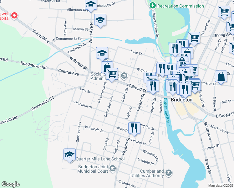 map of restaurants, bars, coffee shops, grocery stores, and more near 24 Academy Street in Bridgeton