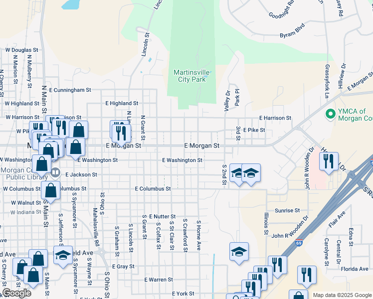 map of restaurants, bars, coffee shops, grocery stores, and more near 1019 E Morgan St in Martinsville
