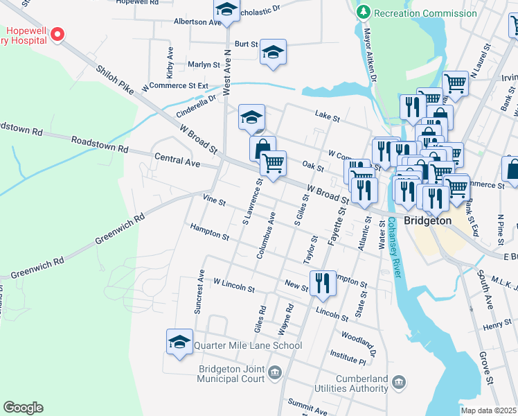 map of restaurants, bars, coffee shops, grocery stores, and more near 207 Vine Street in Bridgeton