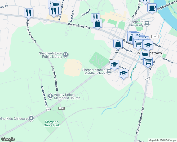 map of restaurants, bars, coffee shops, grocery stores, and more near 50 Hartzell Drive in Shepherdstown
