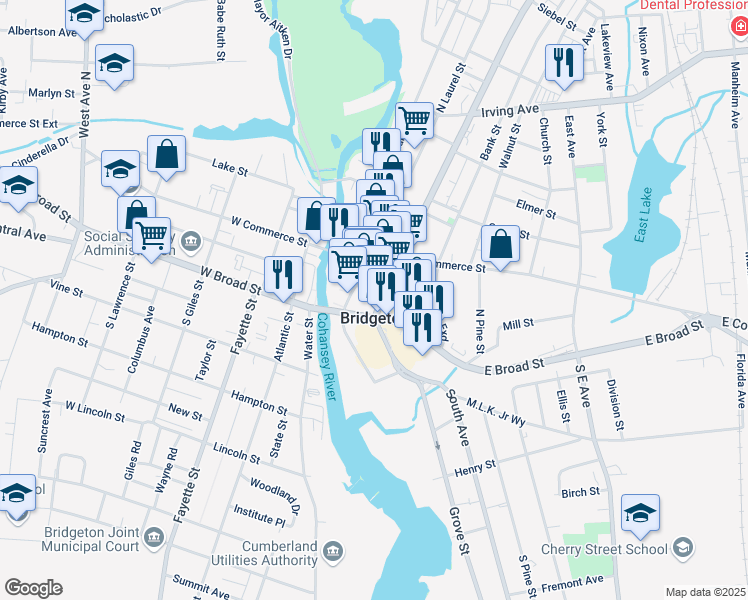 map of restaurants, bars, coffee shops, grocery stores, and more near in Bridgeton