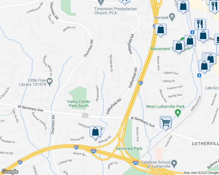 map of restaurants, bars, coffee shops, grocery stores, and more near 8518 Westford Road in Lutherville-Timonium