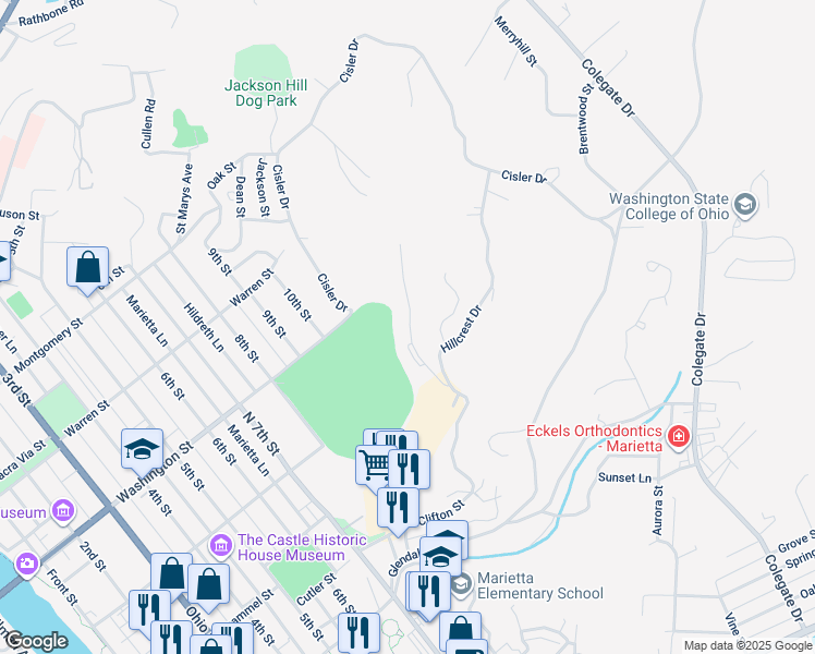 map of restaurants, bars, coffee shops, grocery stores, and more near 101 Hillside Way in Marietta