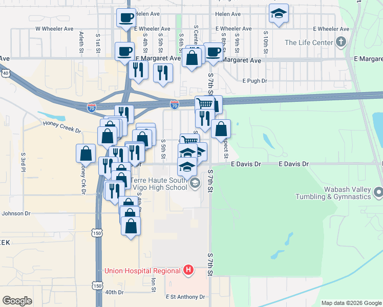 map of restaurants, bars, coffee shops, grocery stores, and more near 3418 South Center Street in Terre Haute