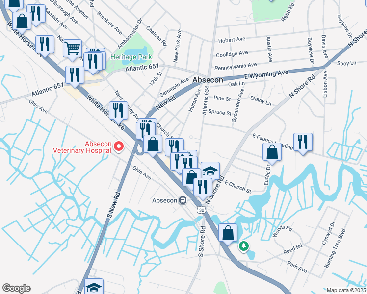map of restaurants, bars, coffee shops, grocery stores, and more near 207 West Church Street in Absecon