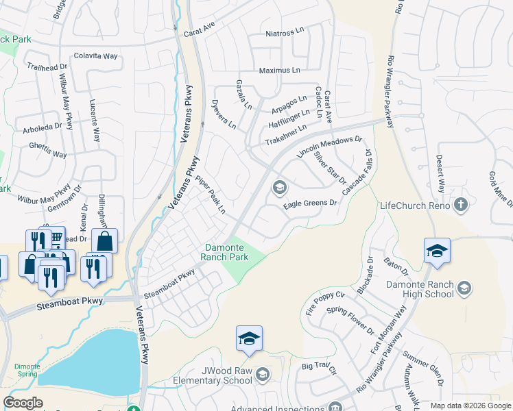 map of restaurants, bars, coffee shops, grocery stores, and more near 2075 Baxter Village Drive in Reno
