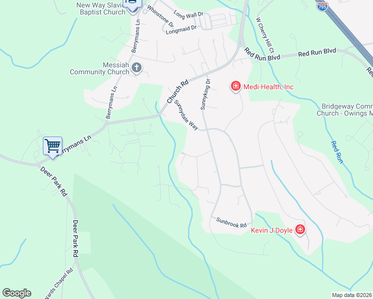 map of restaurants, bars, coffee shops, grocery stores, and more near 606 Sunspot Road in Reisterstown
