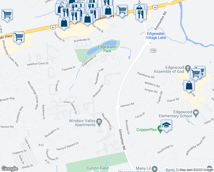 map of restaurants, bars, coffee shops, grocery stores, and more near 702 Cardiff Circle in Edgewood