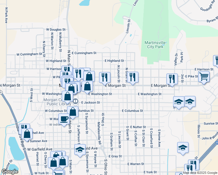 map of restaurants, bars, coffee shops, grocery stores, and more near 489 East Morgan Street in Martinsville