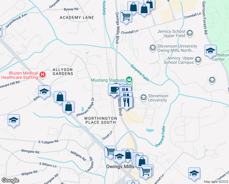 map of restaurants, bars, coffee shops, grocery stores, and more near 11002 Owings Mills Boulevard in Owings Mills