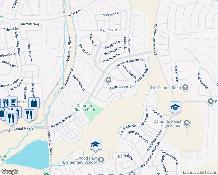map of restaurants, bars, coffee shops, grocery stores, and more near 2105 Eagle Greens Drive in Reno