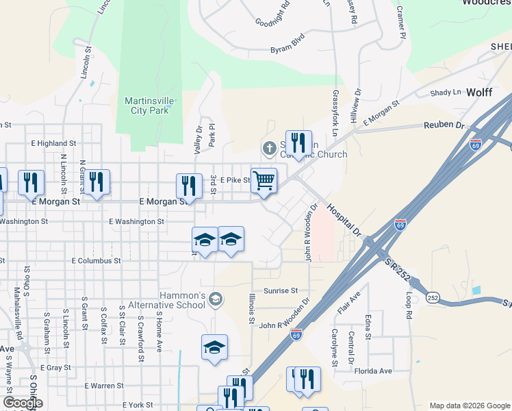 map of restaurants, bars, coffee shops, grocery stores, and more near 1611 East Morgan Street in Martinsville