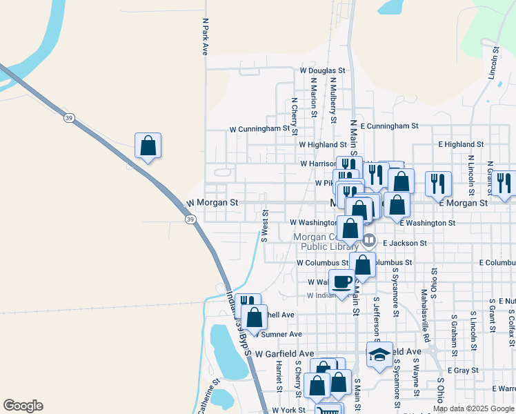 map of restaurants, bars, coffee shops, grocery stores, and more near 435 West Morgan Street in Martinsville