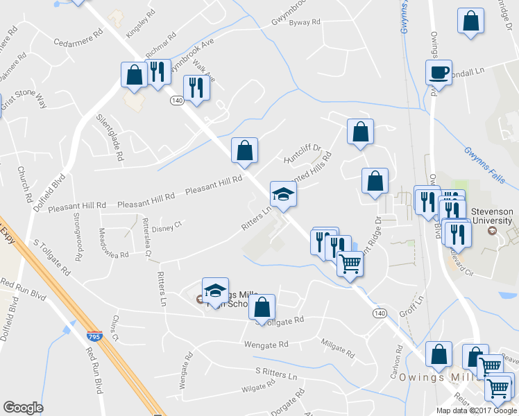 map of restaurants, bars, coffee shops, grocery stores, and more near 6 Ritters Lane in Owings Mills