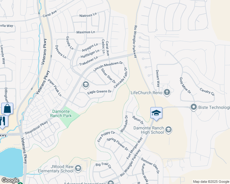 map of restaurants, bars, coffee shops, grocery stores, and more near 10156 Cascade Falls Drive in Reno