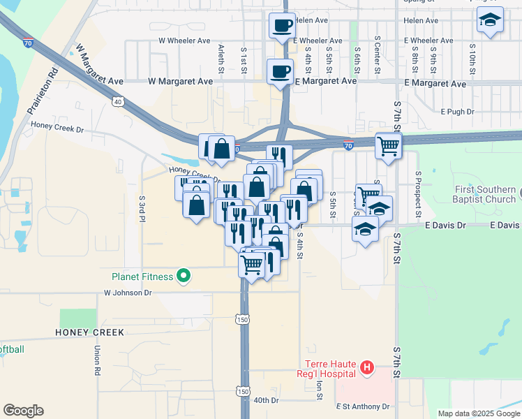 map of restaurants, bars, coffee shops, grocery stores, and more near 3373 U.S. 41 in Terre Haute