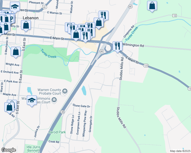 map of restaurants, bars, coffee shops, grocery stores, and more near 538 Lookout Ridge Drive in Lebanon